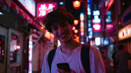A young man in a bustling, neon-lit street, smiling as he looks at his phone, capturing the lively and vibrant atmosphere of the city nightlife.
