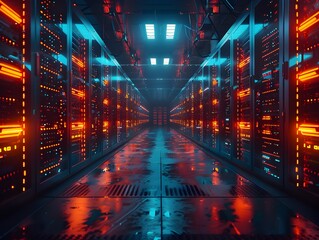 Futuristic High Tech Data Center with Rows of Servers and Glowing Lights