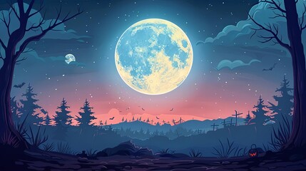 Fototapeta premium Mysterious full moon, eerie landscape, Halloween night, flat design illustration