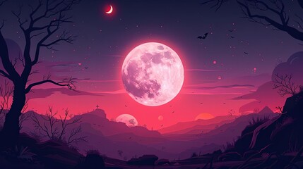 Naklejka premium Mysterious full moon, eerie landscape, Halloween night, flat design illustration