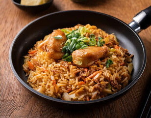 Fototapeta premium Asian cuisine. Fried rice with chicken and vegetables in a pan on a wooden table