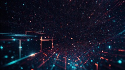 Obraz premium Neon Data Stream: A futuristic tunnel of glowing blue and orange data streams races through a digital cosmos, representing the rapid flow of information in the digital age. 
