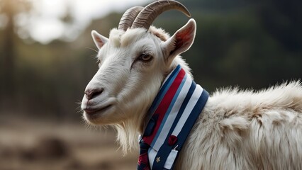 Obraz premium A goat wearing a suit with a tie on a plain white background 