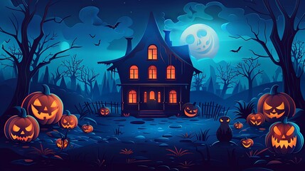 Haunted house, eerie atmosphere, spooky Halloween night, flat design illustration