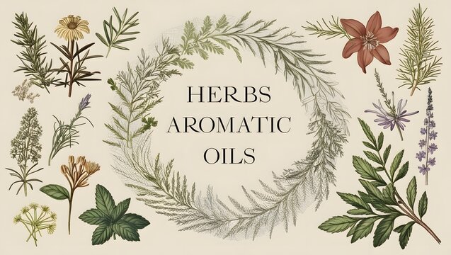 Vintage Botanical Illustration of Herbs and Aromatic Oils
