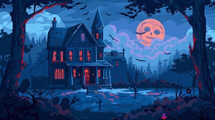 Haunted house, eerie atmosphere, spooky Halloween night, flat design illustration