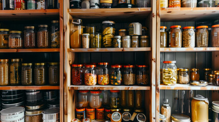 Shelves stocked with a variety of preserved foods in jars, capturing a cozy and organized pantry scene.