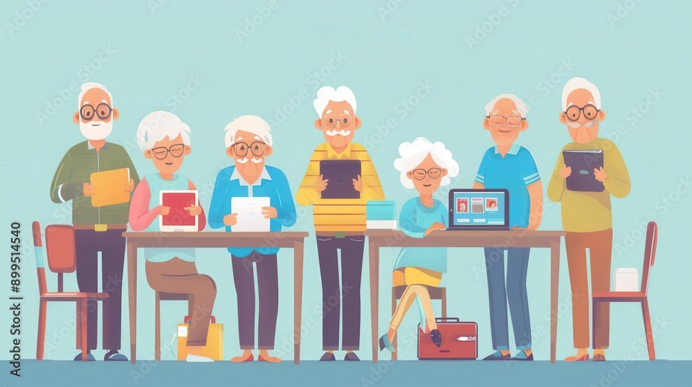 Poster a group of elderly individuals is gathered at a table, actively using various technology devices and