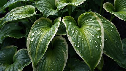Fototapeta premium Close-up of lush green leaves with water droplets on top.