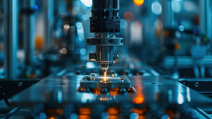 Close-up of a precision laser cutting machine operating in an industrial manufacturing environment with advanced technology and automation.
