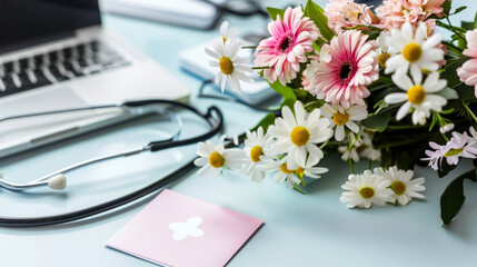 Bouquet of flowers and thank-you card on doctor's desk for doctors' day celebration