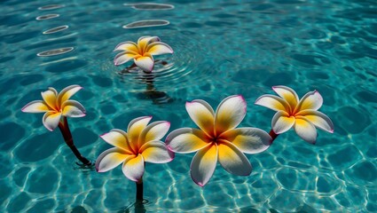 Exotic plumeria flowers floating on crystal blue water.