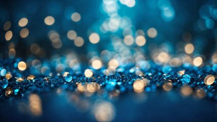 Fototapeta premium Azure Bokeh Sparkle: A mesmerizing close-up of shimmering blue and gold bokeh, capturing the magic and sparkle of a festive celebration or special occasion. 