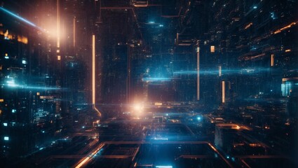 Fototapeta premium Cyberpunk Metropolis: A futuristic cityscape aglow with neon lights, reflecting off sleek, metallic structures in a mesmerizing display of technology and urban life. 