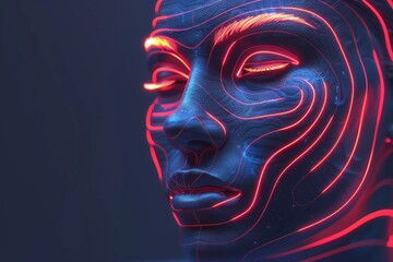 Digital Human Head Concept For AI, Metaverse And Facial Recognition Technology. 3D rendered digital human head outlined with neon contour lines that resemble a fingerprint's unique swirls