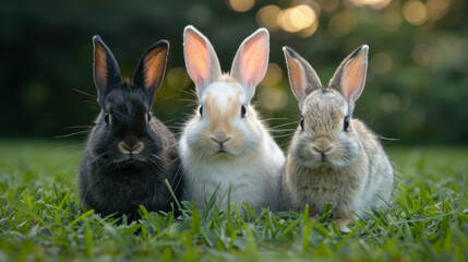 Fototapeta premium Three rabbits of different colors sitting in a row on green grass, enjoying the outdoor environment.