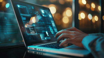Hands working on a laptop with futuristic digital interface overlays, set against a backdrop of softly blurred lights.