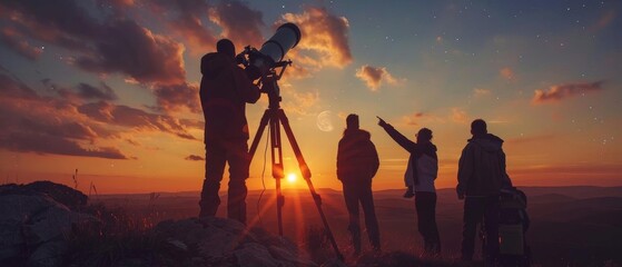 Fototapeta premium A group of people silhouetted against a stunning sunset sky are gathered around a telescope on a tripod The scene captures the camaraderie and excitement of stargazing
