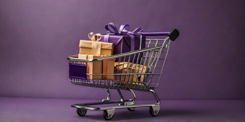 A purple shopping cart with a purple box isolated purple background
