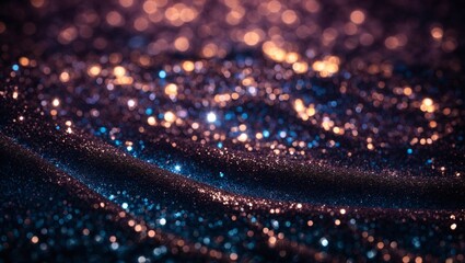 Shimmering Galaxy Fabric - Deep purple and blue fabric shimmers with thousands of embedded sequins, evoking a starry night sky or a magical realm. 