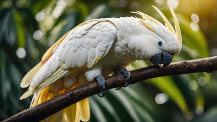 A majestic cockatoo perched on a branch, its vibrant feathers shimmering in the sunlight against a backdrop of lush greenery.
