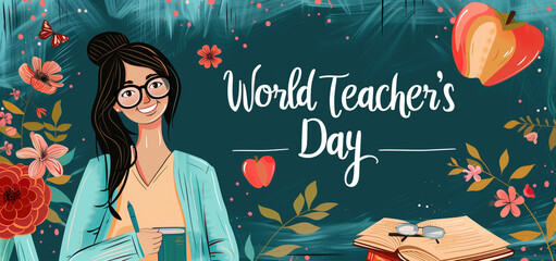 Illustration of a female teacher with books and flowers celebrating World Teacher's Day. Ideal for educational events, social media posts, and greeting cards honoring teachers.