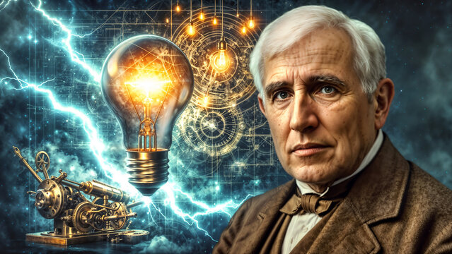 Portrait of Thomas Alva Edison with lightning surrounds glowing bulb, electricity, and mechanical devices. Steampunk background with gears and lightning. Concept of innovation and genius.