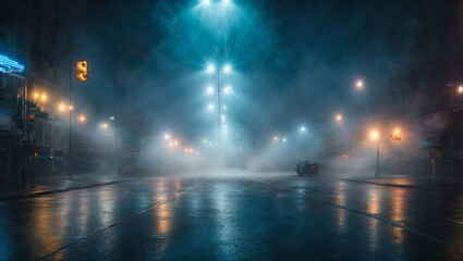 Mysterious City Streets: A moody, atmospheric shot of a deserted city street shrouded in mist, illuminated by a row of glowing streetlights.  The reflective wet asphalt and hazy atmosphere evoke a sen