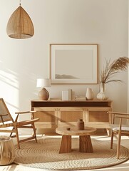 Elegant bohemian interior design close-up with sideboard, mockup poster frame, wooden furniture, rattan chairs, and wicker armchair. Natural lighting, beige walls, and warm wood tones create a cozy 