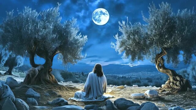 Jesus Christ praying in the Gethemane garden scene animation  -- 4k stock video footage AI