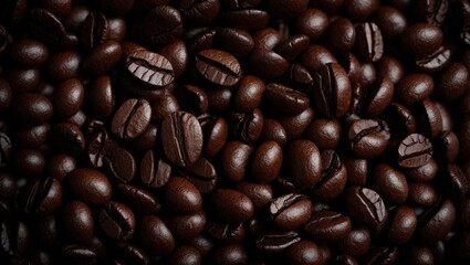 Obraz premium Aromatic Abundance: A close-up capturing the rich texture of freshly roasted coffee beans, their dark, oily surfaces gleaming invitingly. 
