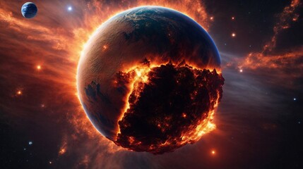 The End of All Things: A dramatic and apocalyptic scene of a burning planet Earth, engulfed in...