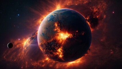 Obraz premium Planetary Cataclysm: A fiery inferno engulfs a terrestrial planet in a cosmic display of destruction and chaos.