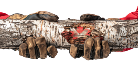 Hands Holding Log with Maple Leaf Carving