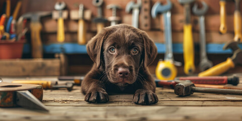 Chocolate Labrador Puppy in a Workshop with Tools