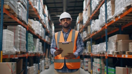 Confident Warehouse indian Worker Conducting Inventory Check with Clipboard in Hand