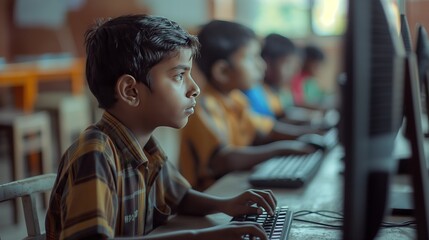 Indian School boy Focused on Computer Learning in Classroom with Other Students