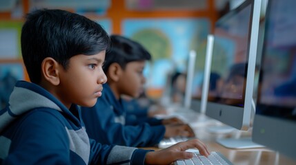 Indian School boy Focused on Computer Learning in Classroom with Other Students
