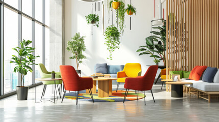 Fototapeta premium A cozy and vibrant coworking space with lush plants and chic furniture, designed for creativity and collaboration.