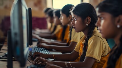 Indian School girl Focused on Computer Programming in Classroom with Other Students