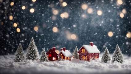 Obraz premium Winter Wonderland Village: A charming miniature village nestled in a snowy landscape, bathed in the warm glow of Christmas lights, evokes a sense of cozy winter magic. 