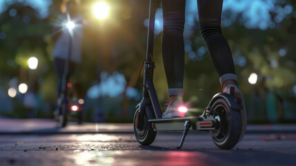 Close-up of an electric scooter at dusk, highlighting modern transportation and the smooth, illuminated journey through city streets, capturing a sleek, contemporary feel.