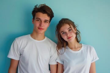 Fototapeta premium A young man and woman are standing next to each other, both wearing white shirts