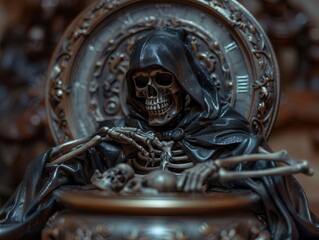 Obraz premium Close-up of a skeletal figure in a hooded robe, holding a skull, sitting on an ornate throne.