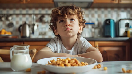 Child Breakfast Frowning Hesitant Milk Cereal Kitchen Table Disappointment Emotions Morning Snack