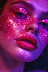 A woman with pink face paint and glitter on her face