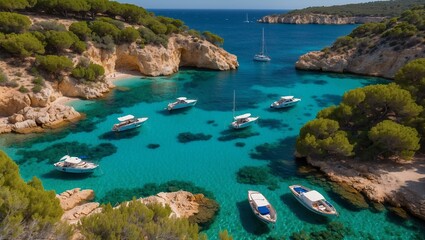 Obraz premium Bright and scenic coastal inlet with yachts and clear water