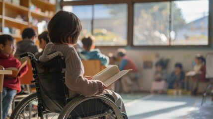Child in wheelchair reading a book in a classroom with other students. Education and inclusion for children with disabilities.
