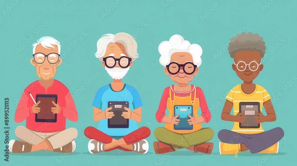 Poster Four elderly individuals joyfully explore technology while seated on a bright surface, fostering community and learning in a relaxed atmosphere. Generative AI
