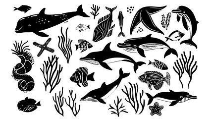 Underwater animals vintage linocut doodle icon set, black vector logo fish whale  algae dolphin separated on transparent background